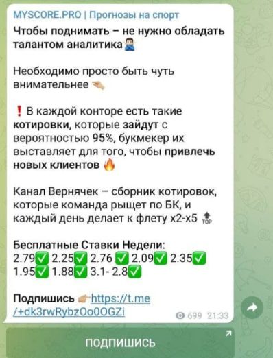 Телеграмм канал MYSCORE.PRO - прогнозы