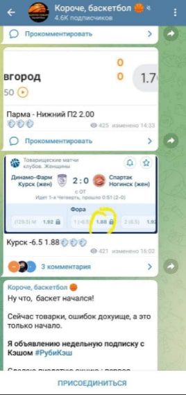 Ставки на канале Короче Баскетбол Телеграмм