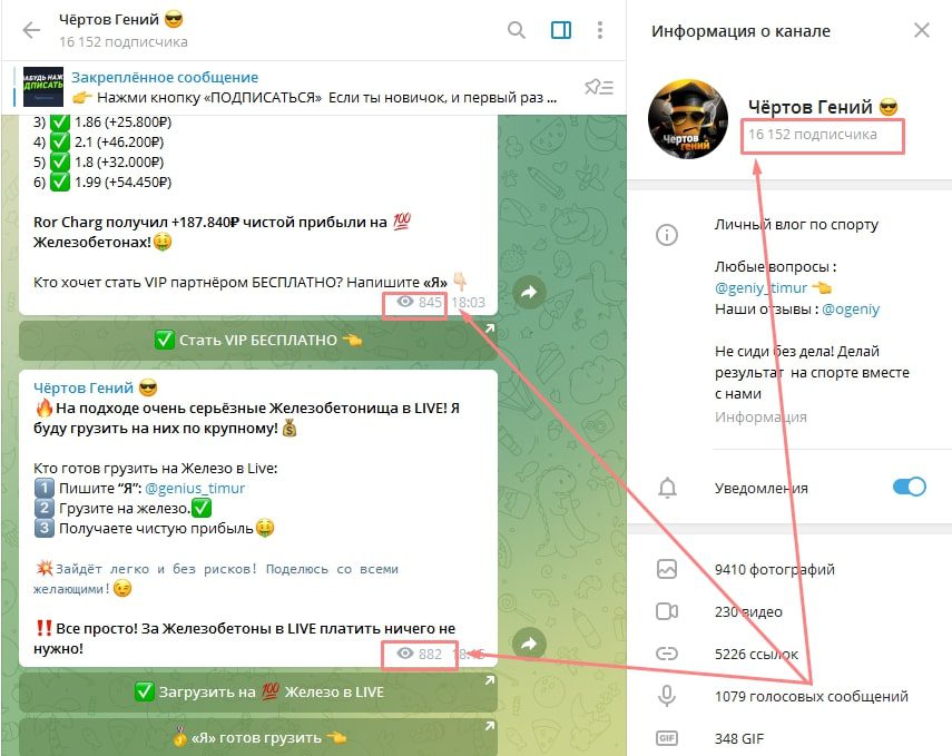Просмотры и подписчики Telegram Чертов Гений